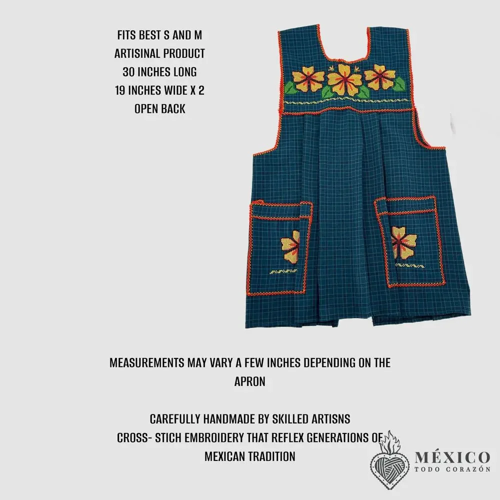 Traditional Mexican Cross-Stitch Embroidered Apron – Deluxe Artisan Smock Style